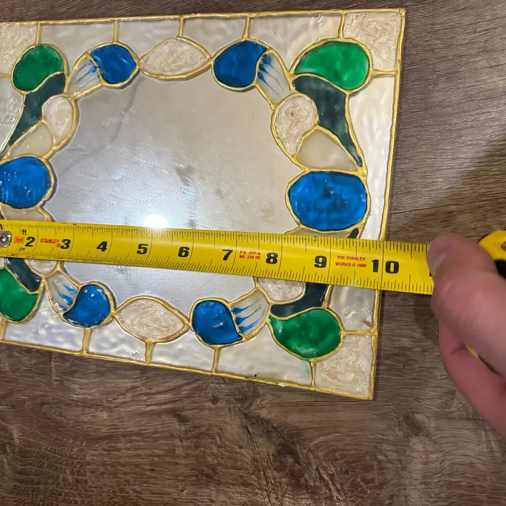Vintage Painted Stained Glass Look Mirror 8x10 Unframed Blue Green Gold - READ